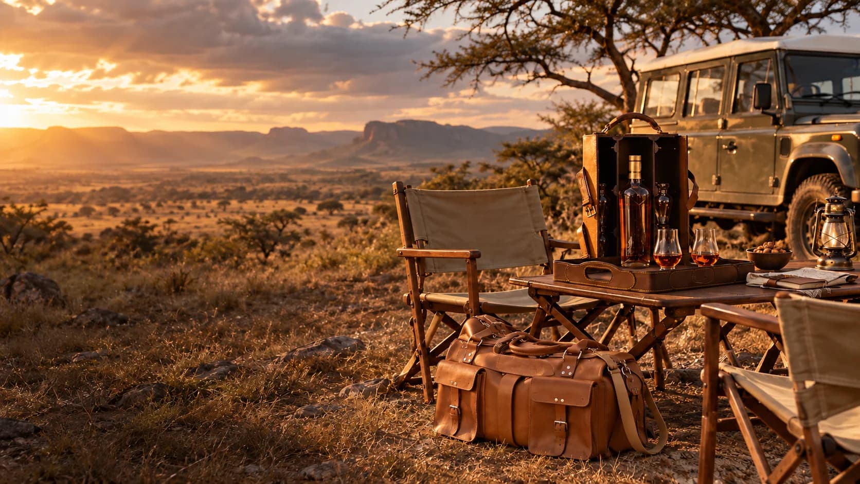 A leather travel bag and whisky case beside a safari table at sunset